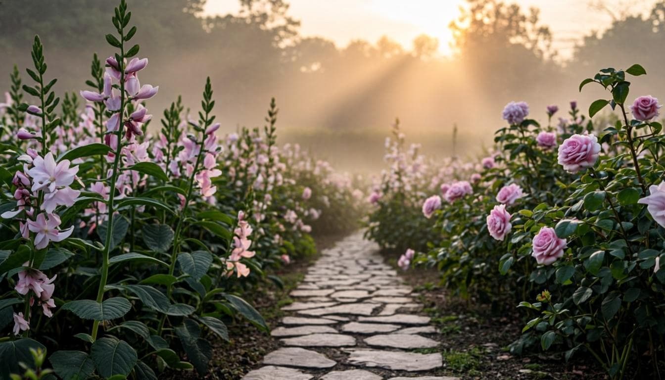 Cottage garden path with hollyhocks in golden morning light — sample photograph