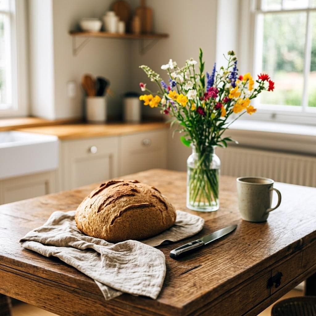 Kitchen table with fresh bread and wildflowers — sample photograph
